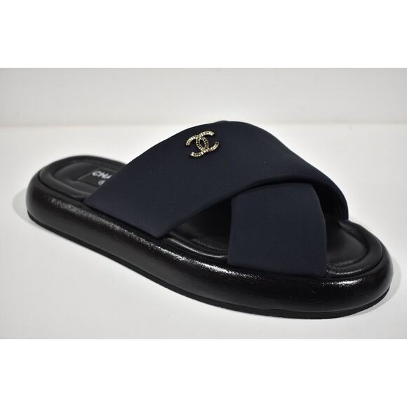 Chanel REV Black Fabric Criss Cross Puffy CC Logo Slide Mule Sandal Flop Flat 39 - Picture 3 of 12